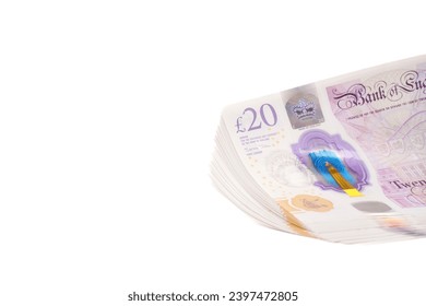 United kingdom 20 pounds bank notes with editorial text space.
