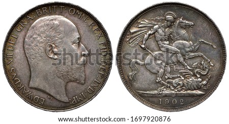 United Kingdom British silver coin 1 one crown 1902, head of King Edward VII right, St George on horse slaying dragon, Stock photo © 