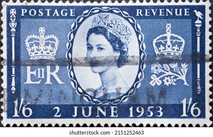UNITED KINGDOM - CIRCA 1953: a postage stamp from UNITED KINGDOM , showing a portrait of Queen Queen Elizabeth II . Coronation of Queen Elizabeth II. Circa 1953