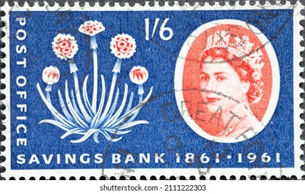 United Kingdom - circa 1961: a postage stamp from United Kingdom , showing a portrait of Queen Elizabeth II. A ThriftPlant. Growth of Savings. Text: Post Office Savings Bank 