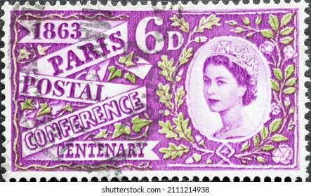 United Kingdom - circa 1963: a postage stamp from United Kingdom , showing a portrait of Queen Elizabeth. Text: Paris postal conference. Anniversary 