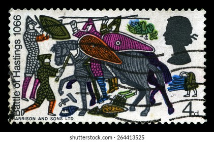 UNITED KINGDOM - CIRCA 1966: A used British Postage Stamp depicting an illustration of the 1066 Battle of Hastings, circa 1966.