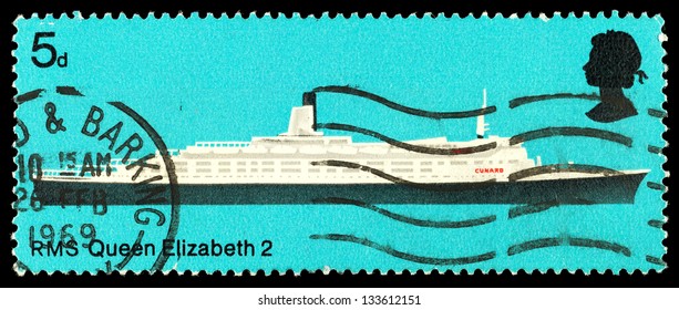 UNITED KINGDOM - CIRCA 1969: A Used Postage Stamp Printed In Britain Showing The Liner RMS Queen Elizabeth 2, Circa 1969