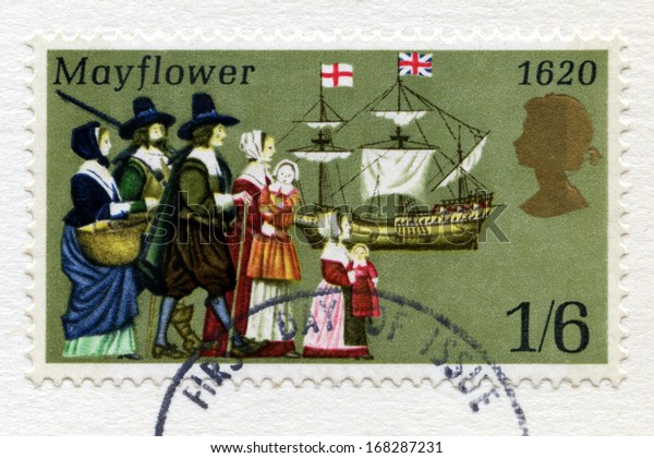 UNITED KINGDOM - CIRCA 1970: A used British postage stamp celebrating the 350th Anniversary of the Pilgrim Fathers Journey in the Mayflower to the New World, circa 1970.