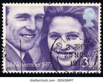 UNITED KINGDOM - CIRCA 1973: A Stamp Printed In The United Kingdom Celebrating Royal Wedding Stamps Shows Princess Anne And Captain Mark Philips, Circa 1973.