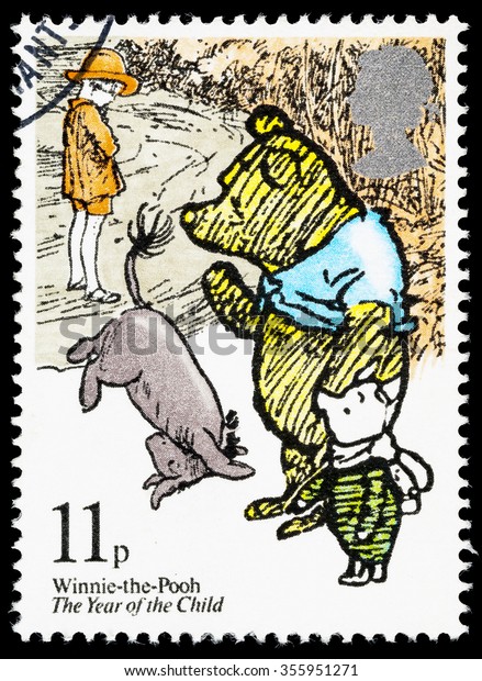 UNITED KINGDOM - CIRCA 1979: A used postage stamp printed in Britain showing the Characters Winnie the Pooh, Eeyore and Piglet from Winnie the Pooh by AA Milne