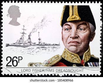 UNITED KINGDOM - CIRCA 1982: A Stamp Printed By UNITED KINGDOM Shows Image Portrait Of Admiral Of The Fleet John Arbuthnot (Jacky) Fisher, 1st Baron Fisher Against HMS Dreadnought, Circa 1982