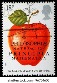 UNITED KINGDOM - CIRCA 1987 : A British Used Postage Stamp celebrating Sir Isaac Newton The Principia Mathematica, circa 1987