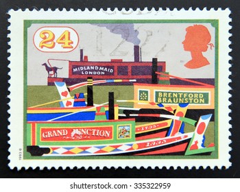 UNITED KINGDOM - CIRCA 1993: A stamp printed in Great Britain dedicated to Inland Waterways, shows Midland Maid and other Narrow Boats, Grand Junction Canal, circa 1993