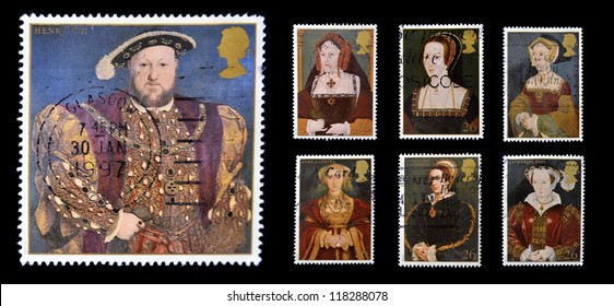 UNITED KINGDOM - CIRCA 1997: Stamps Printed In Great Britain Dedicated To The Great Tudor, Shows King Henry VIII And His Six Wives, Circa 1997