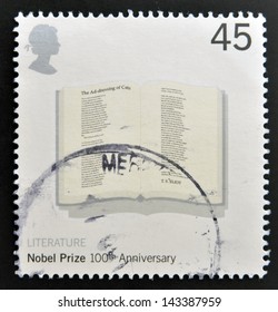 UNITED KINGDOM - CIRCA 2001: Stamp Printed In Great Britain Shows Poem 'The Adressing Of Cats' By T.S.Eliot In Open Book Commemorates The 100th Anniversary Of The Nobel Prize For Physics, Circa 2001