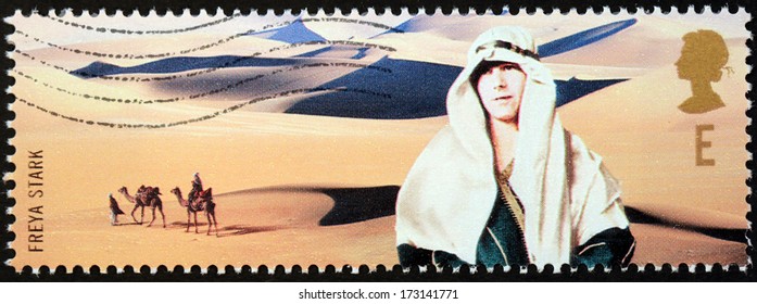 UNITED KINGDOM - CIRCA 2003: A Stamp Printed By UNITED KINGDOM Shows Image Portrait Of British Explorer And Travel Writer Dame Freya Madeline Stark, Circa 2003.