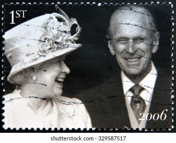 UNITED KINGDOM - CIRCA 2006: Stamp Printed In UK Shows Queen Elizabeth II And The Duke Of Edinburgh Prince Philip Leave St Pauls Cathedral, The Diamond Wedding Anniversary, Circa 2006