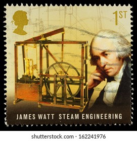 UNITED KINGDOM - CIRCA 2009: Used Postage Stamp Printed In Britain Celebrating Pioneers Of The Industrial Revolution Showing James Watt And Steam Engineering, Circa 2009