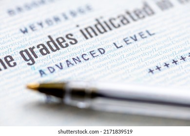A United Kingdom education certificate with the holder obtaining a grade at the Advance Level on a subject of study. - Shutterstock ID 2171839519