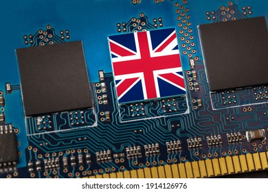 United Kingdom flag in the center of a circuit board. Concept of leadership in technology, artificial intelligence or digital cryptocurrencies