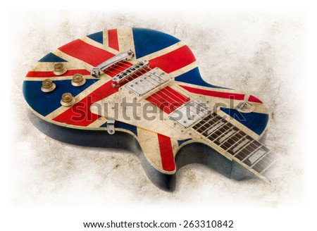 united kingdom flag painted guitar, vintage style image