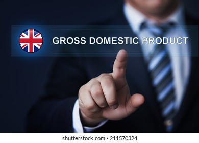 United Kingdom Gross Domestic Product Concept. GDP. Man Pressing Virtual Button With Flag Icon