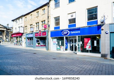 UNITED KINGDOM, LANCASTER - 9TH APRIL 2020 Exterior Of Boots Optician Shop Shop During Lockdown For Covid 19