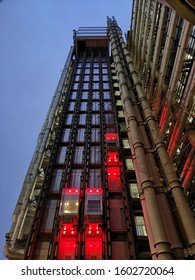 United Kingdom, London, Bank District - Lloyd's iconic building with its external lifts and pipes, evening scene