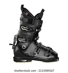 United Kingdom, London - January 22, 2022 Black Atomic 130 Ski Boot Isolated. Alpine Touring Boot. Tour Ski Equipment. Snowboarding Protective Gear. Winter Shoes for Alpine Skiing