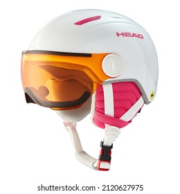 United Kingdom, London - January 27, 2022 Black Open Face Head Ski Helmet Isolated On White. Snowboard Helmet With Ski Goggles. Sports Gear Protective Equipment. Modern Headgear