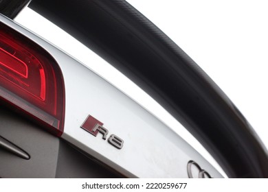 United Kingdom, Manchester April 2021.The Rear Section Of A 2013 Audi R8 V10 Plus With Optional Carbon Fibre Rear Wing And Red R8 Rear Badge With LED Rear Lights