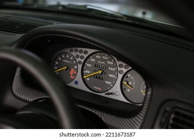 United Kingdom, Manchester January 2017. A 1997 Honda Civic Type R With Black  Leather Steering Wheel And Carbon Fibre Speedometer With Civic Type R Logo