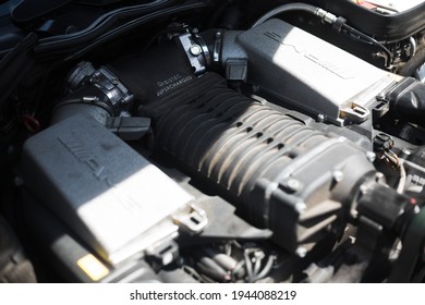 United Kingdom, Manchester March 2021. The Weistec Supercharged Engine Bay Of A 2012 Mercedes Benz C63 AMG W204 