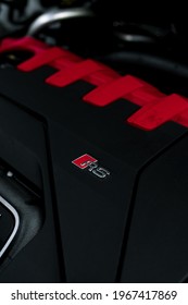 United Kingdom, Manchester May 2021. The Carbon Fibre Engine Cover Of A 2017 Audi RS3 TTRS Daza Engine RS Logo And Carbon Fibre Trim