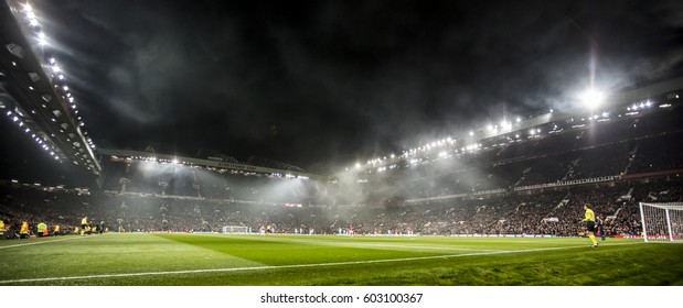 UNITED KINGDOM, MANCHESTER - November 24th 2016:  Overview of the stadium with smoke during the UEFA Europa League match Manchester United - Feyenoord