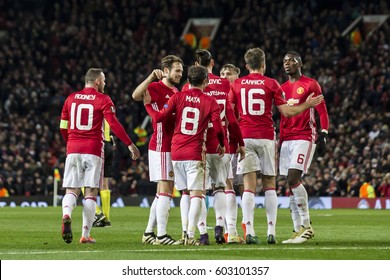 UNITED KINGDOM, MANCHESTER - November 24th 2016: Manchester United Celebrating The Goal With Wayne Rooney, Daley Blind, Juan Mata, Zlatan Ibrahimovic, Michael Carrick, Paul Pogba