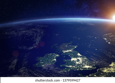 United Kingdom (UK) From Space At Night With City Lights Of The City Of London, England, Wales, Scotland, Northern Ireland, Communication Technology, 3d Render Of Planet Earth, Elements From NASA