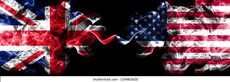 United Kingdom vs United States of America, American smoky mystic flags placed side by side. Thick colored silky smoke flags of Great Britain and United States of America, American.