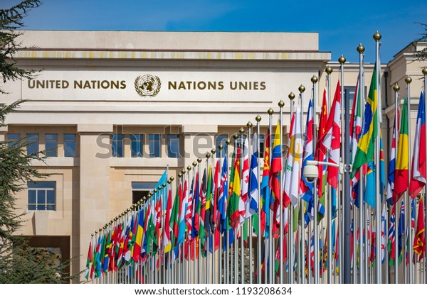 United Nations Building Flags Geneva Switzerland Stock Photo (Edit Now ...