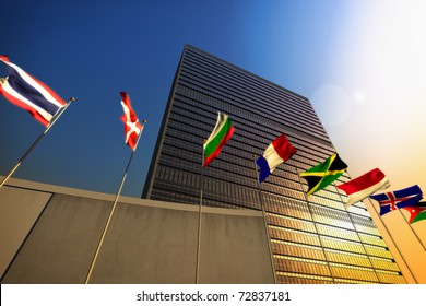The United Nations building at sunset