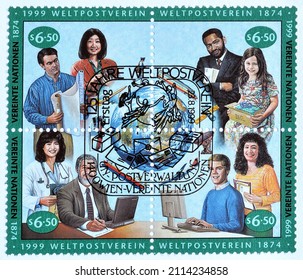 United Nations - circa 1999 : Cancelled postage stamp printed by United Nations, that shows People, U.P.U. (Universal Postal Union), 125th Anniversary, circa 1999.