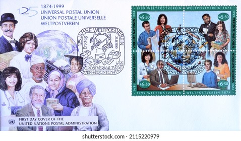 United Nations - circa 1999 : First Day Cover Letter with cancelled postage stamps printed by United Nations, that shows People, U.P.U. (Universal Postal Union), 125th Anniversary, circa 1999.