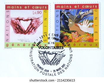 United Nations - circa 2001 : Cancelled postage stamp printed by United Nations, that promotes Volunteers, circa 2001.