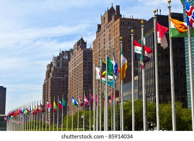 United Nations Headquarters With Flags Of The   Members Of The UN