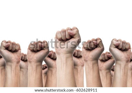 united people, labor movement, worker strike, election movement, protest illegal election concepts with males fist raised air fighting for their rights, isolated on white backgrounds