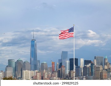 United State Of America Flag And Shallow Depth-of-field Of New York City Skyline