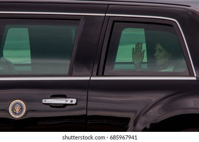 United States Ambassador to the United Nations, Nikki Haley, waves at a small gathered crowd after the arrival of Air Force One in Ronkonkoma, NY, Friday, July 28, 2017.