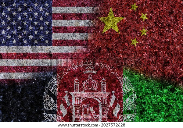 United States of America, China and\
Afghanistan flags painted on grunge texture\
wall