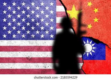 United States of America, China and Taiwan  flags painted on the concrete wall with soldier shadow. USA and China war concept
