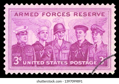 UNITED STATES OF AMERICA - CIRCA 1955: A Stamp Printed In The USA Shows Marine, Coast Guard, Army, Navy And Air Force Personnel, Armed Forces Reserve, Circa 1955.