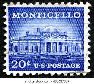 UNITED STATES OF AMERICA - CIRCA 1956: A Used Postage Stamp From The USA, Depicting An Image Of Monticello - The Plantation Of Thomas Jefferson, Former President Of The United States, Circa 1956.