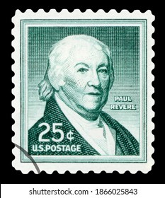 UNITED STATES OF AMERICA - CIRCA 1958: A used postage stamp from the USA, depicting a portrait of American Revolution patriot Paul Revere, circa 1958.
