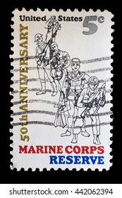 UNITED STATES OF AMERICA - CIRCA 1966: A Used Postage Stamp Printed In United States Shows A Group Of Soldiers In Uniform Of The Marine Corps Reserve, Circa 1966