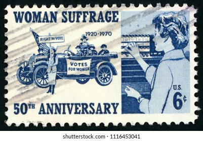 UNITED STATES OF AMERICA - CIRCA 1970: Stamp Printed In USA (US) Shows Suffragettes, 1920 Woman Voter; 50th Anniversary Woman Suffrage 1920 - 1970; Scott 1406 A820 6c Blue; Circa 1970